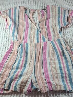 Lush Linen Blend Multicolor Striped V-Neck Romper Size S